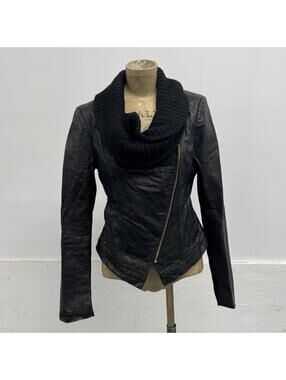 Vintage ONLY Black Knit Collar Pigskin Leather Avant-Garde Jacket